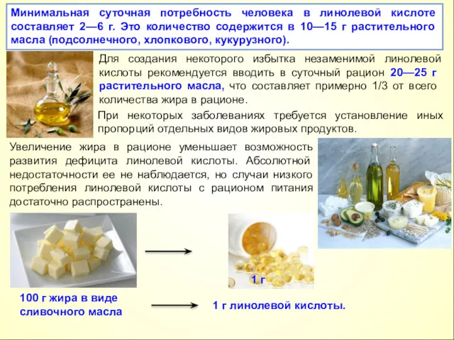 Минимальная суточная потребность человека в линолевой кислоте составляет 2—6 г.