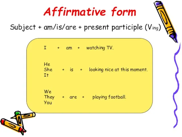 Affirmative form Subject + am/is/are + present participle (Ving) I