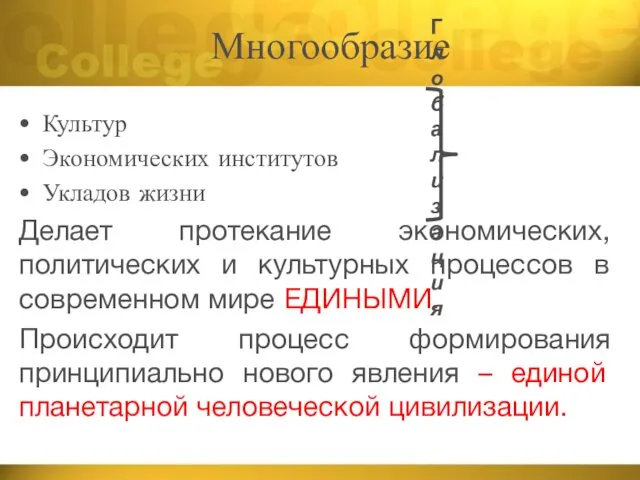 Многообразие Культур Экономических институтов Укладов жизни Делает протекание экономических, политических