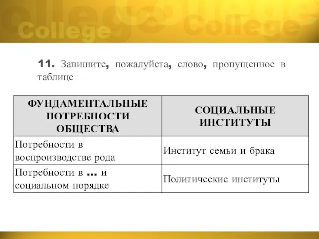 11. Запишите, пожалуйста, слово, пропущенное в таблице