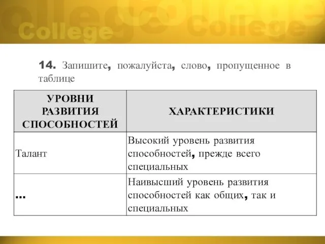 14. Запишите, пожалуйста, слово, пропущенное в таблице