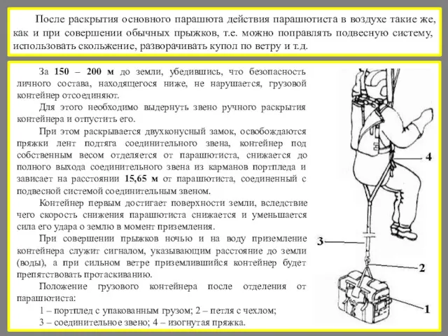 После раскрытия основного парашюта действия парашютиста в воздухе такие же,