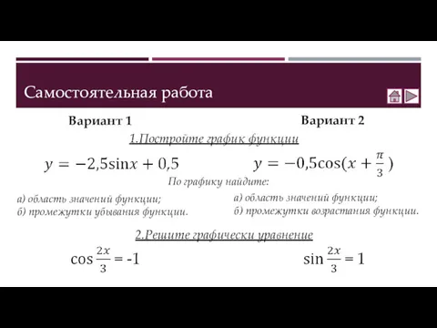 Самостоятельная работа Вариант 1 Вариант 2 а) область значений функции;