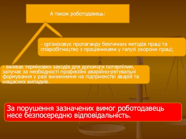 А також роботодавець: - організовує пропаганду безпечних методів праці та