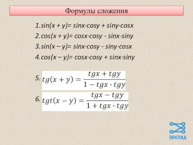 Формулы сложения 1.sin(x + y)= sinx·cosy + siny·cosx 2.cos(x +