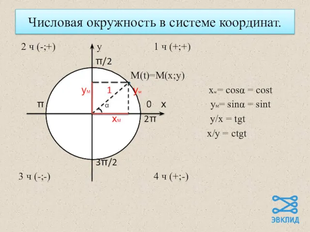 Числовая окружность в системе координат. 2 ч (-;+) у 1