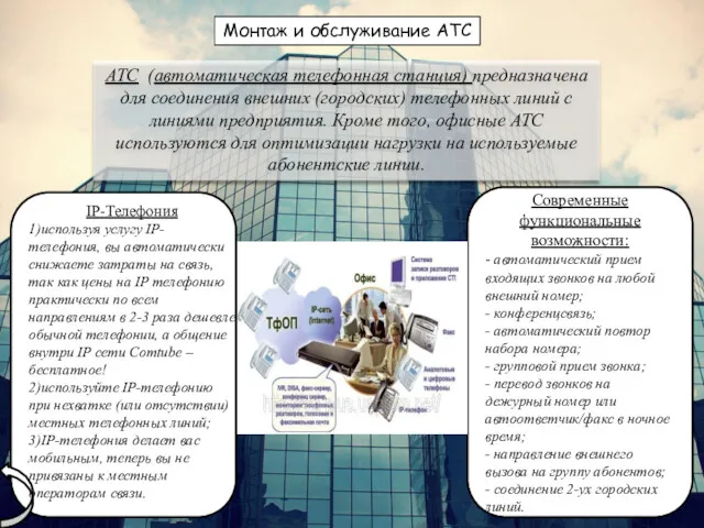 АТС (автоматическая телефонная станция) предназначена для соединения внешних (городских) телефонных