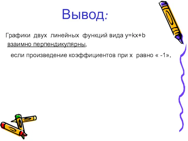 Вывод: Графики двух линейных функций вида y=kx+b взаимно перпендикулярны, если