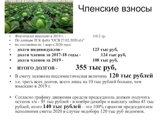 Членские взносы Фактически взыскано в 2019 г. - 110.2 тр.