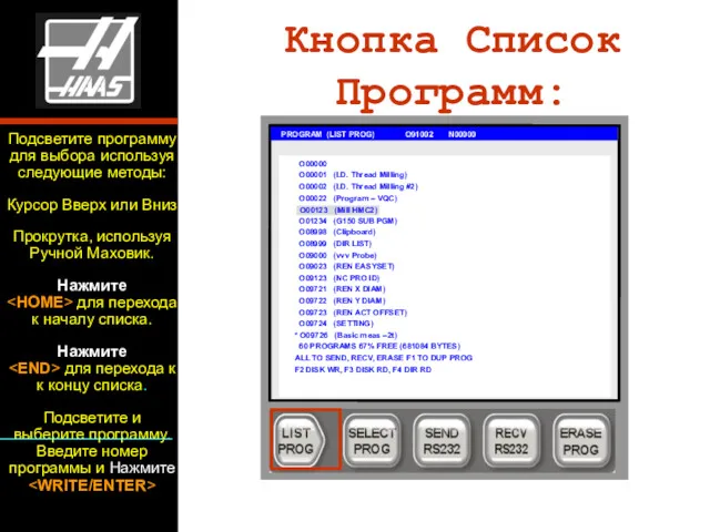 Кнопка Список Программ: PROGRAM (LIST PROG) O91002 N00000 O00000 O00001