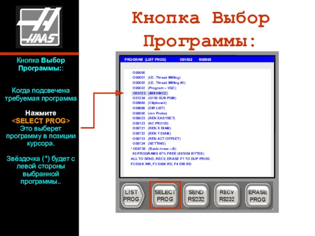 Кнопка Выбор Программы: PROGRAM (LIST PROG) O91002 N00000 O00000 O00001