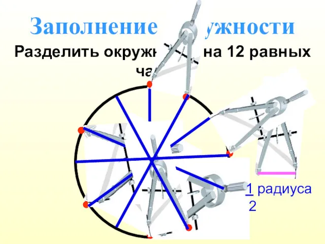 Заполнение окружности Разделить окружность на 12 равных частей 1 радиуса 2
