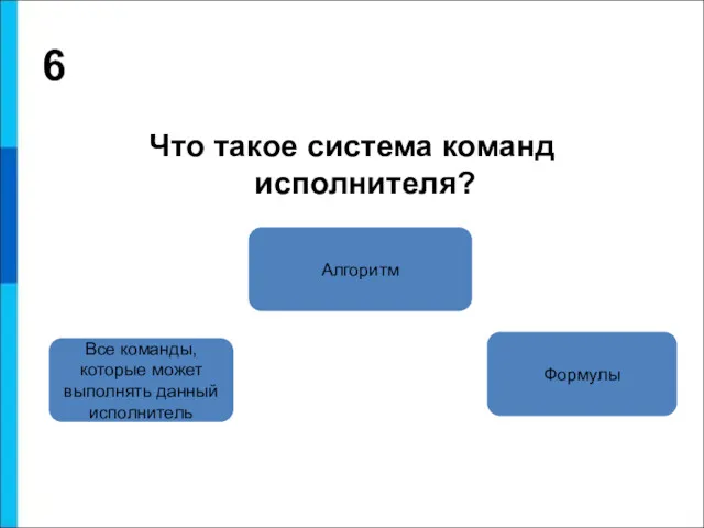 6 Что такое система команд исполнителя? Все команды, которые может выполнять данный исполнитель Алгоритм Формулы