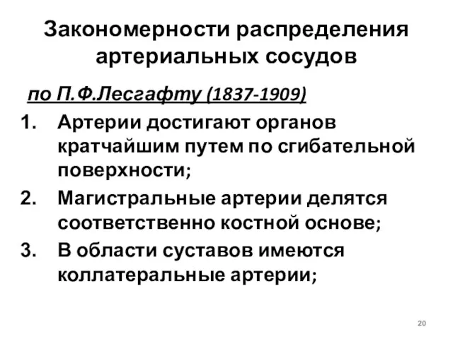 Закономерности распределения артериальных сосудов по П.Ф.Лесгафту (1837-1909) Артерии достигают органов