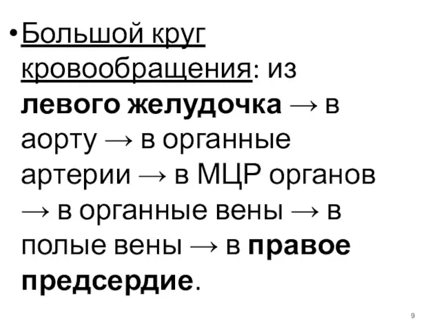 Большой круг кровообращения: из левого желудочка → в аорту →