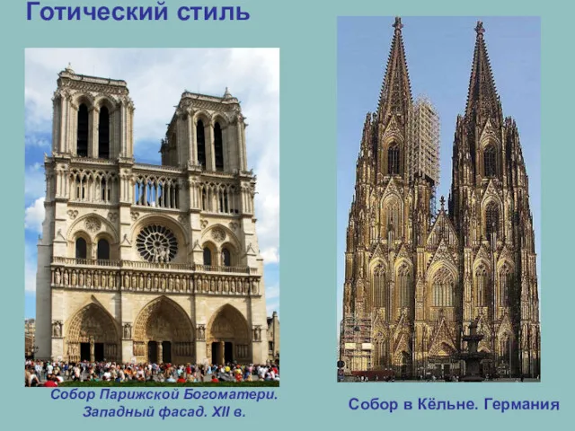 Готический стиль Собор Парижской Богоматери. Западный фасад. XII в. Собор в Кёльне. Германия