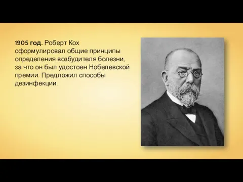 1905 год. Роберт Кох сформулировал общие принципы определения возбудителя болезни,