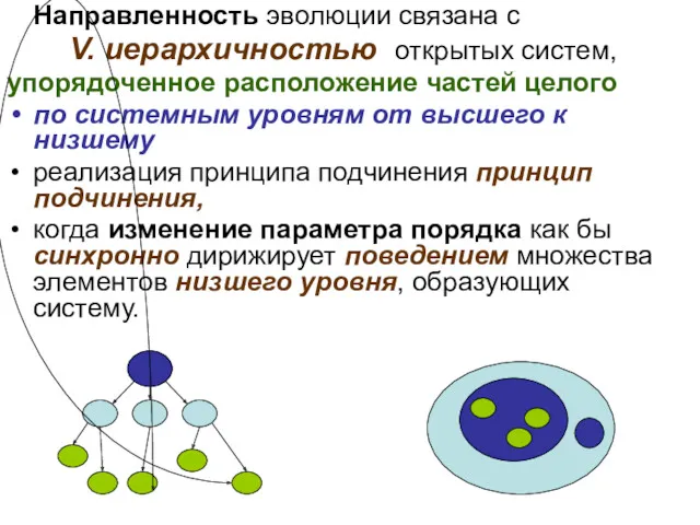 Направленность эволюции связана с V. иерархичностью открытых систем, упорядоченное расположение