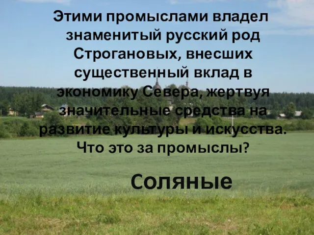 Этими промыслами владел знаменитый русский род Строгановых, внесших существенный вклад в экономику Севера,