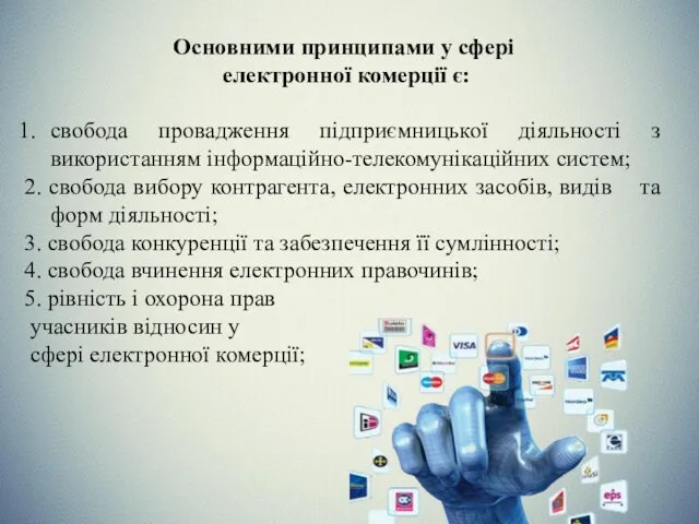 Основними принципами у сфері електронної комерції є: свобода провадження підприємницької