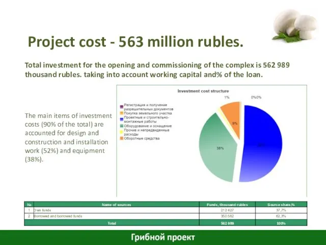 Project cost - 563 million rubles. Total investment for the