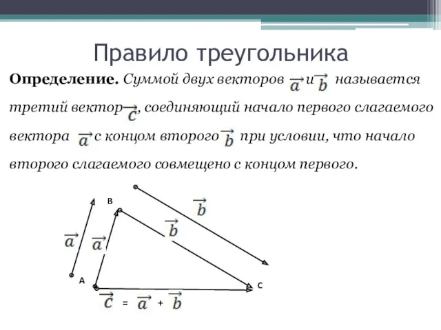 Правило треугольника Определение. Суммой двух векторов и называется третий вектор , соединяющий начало