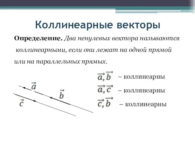 Коллинеарные векторы Определение. Два ненулевых вектора называются коллинеарными, если они лежат на одной
