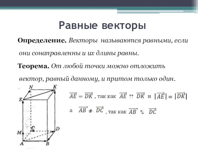 Равные векторы Определение. Векторы называются равными, если они сонаправленны и их длины равны.