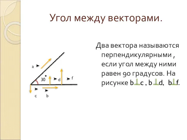 Угол между векторами. Два вектора называются перпендикулярными , если угол