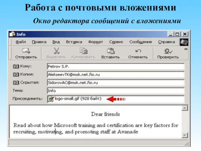 Работа с почтовыми вложениями Окно редактора сообщений с вложениями