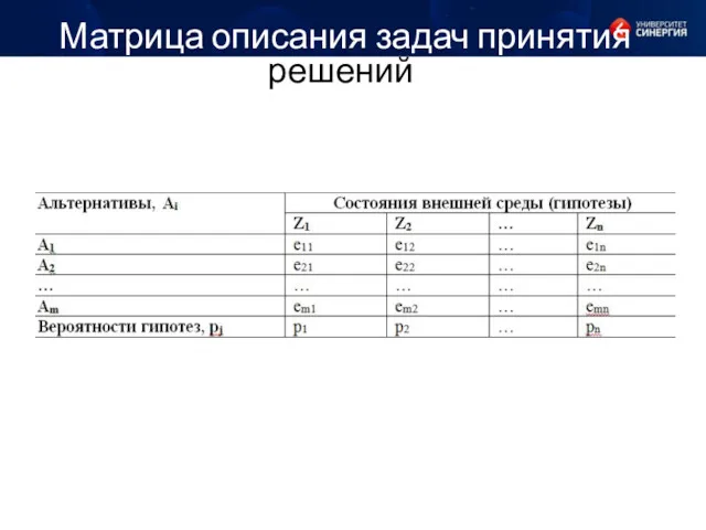 Матрица описания задач принятия решений