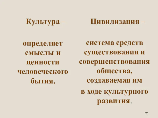 Культура – определяет смыслы и ценности человеческого бытия. Цивилизация –