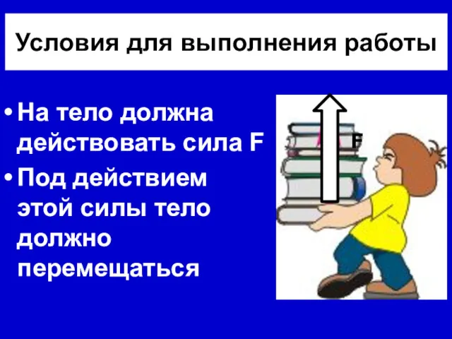 Условия для выполнения работы На тело должна действовать сила F