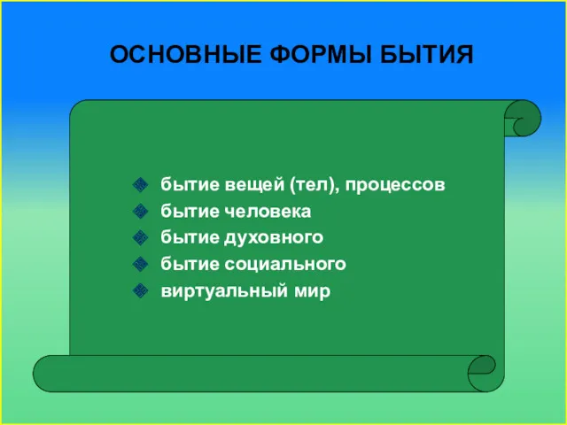 ОСНОВНЫЕ ФОРМЫ БЫТИЯ бытие вещей (тел), процессов бытие человека бытие духовного бытие социального виртуальный мир