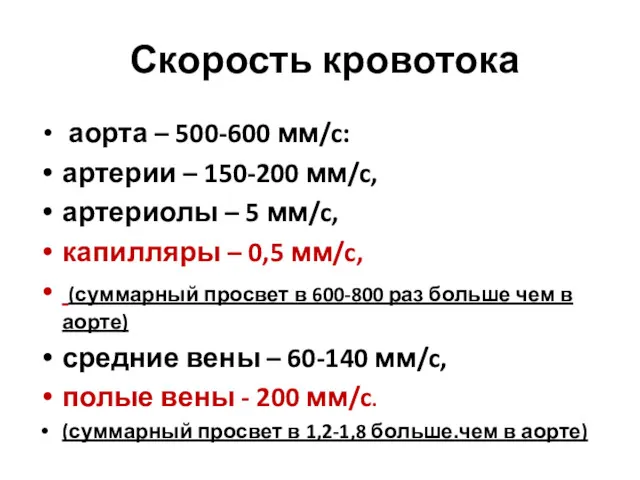 Скорость кровотока аорта – 500-600 мм/c: артерии – 150-200 мм/c,