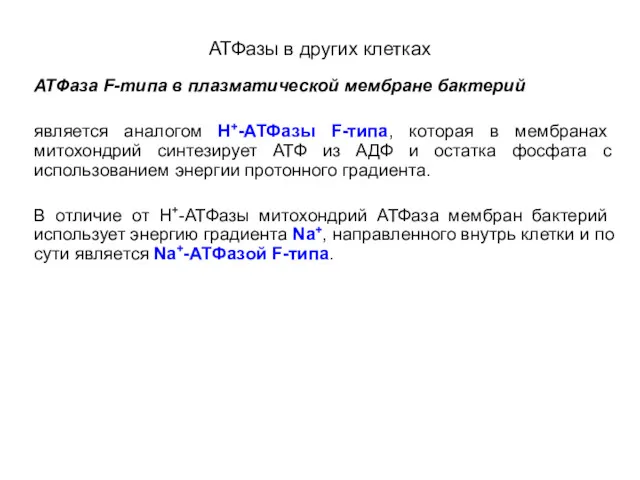 АТФазы в других клетках АТФаза F-типа в плазматической мембране бактерий