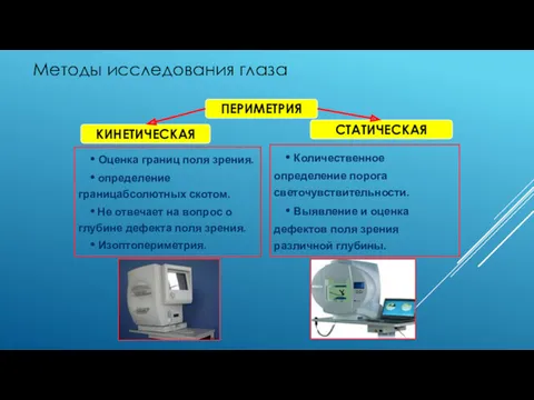 ПЕРИМЕТРИЯ СТАТИЧЕСКАЯ КИНЕТИЧЕСКАЯ • Оценка границ поля зрения. • определение