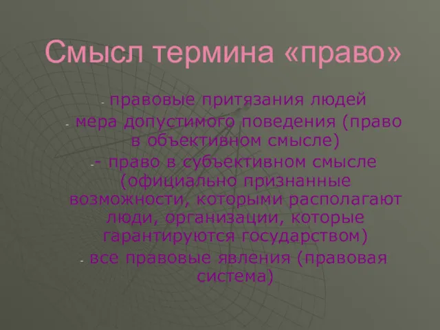 Смысл термина «право» правовые притязания людей мера допустимого поведения (право в объективном смысле)