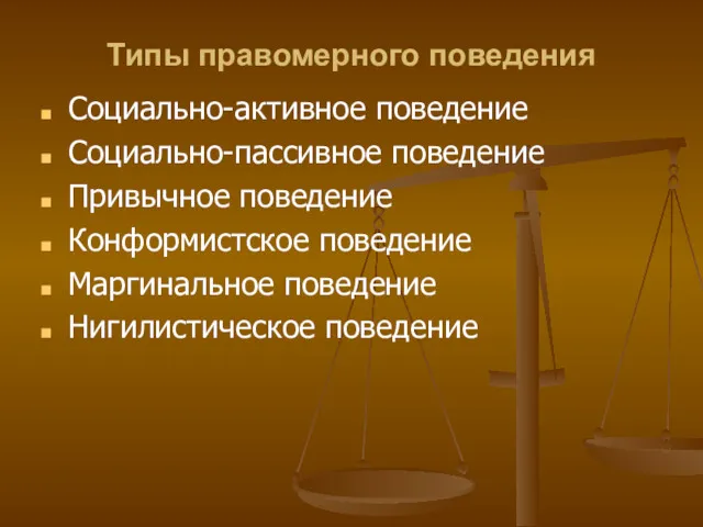 Типы правомерного поведения Социально-активное поведение Социально-пассивное поведение Привычное поведение Конформистское поведение Маргинальное поведение Нигилистическое поведение