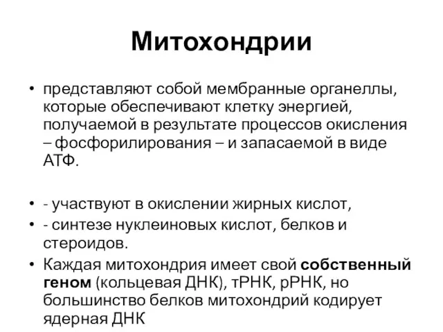 Митохондрии представляют собой мембранные органеллы, которые обеспечивают клетку энергией, получаемой