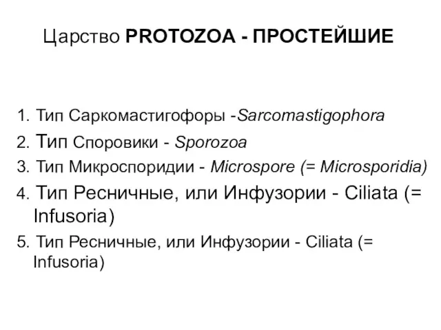 Царство PROTOZOA - ПРОСТЕЙШИЕ 1. Тип Саркомастигофоры -Sarcomastigophora 2. Тип Споровики - Sporozoa