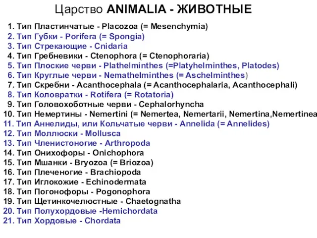 Царство ANIMALIA - ЖИВОТНЫЕ 1. Тип Пластинчатые - Placozoa (= Mesenchymia) 2. Тип