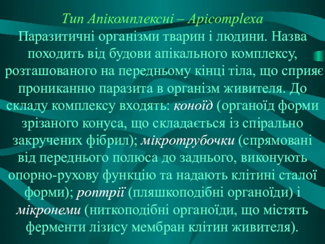 Тип Апікомплексні – Apicomplexa Паразитичні організми тварин і людини. Назва