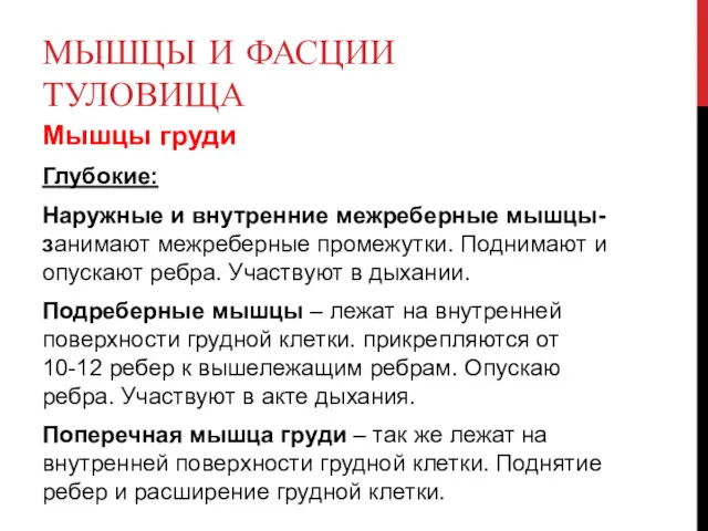 МЫШЦЫ И ФАСЦИИ ТУЛОВИЩА Мышцы груди Глубокие: Наружные и внутренние