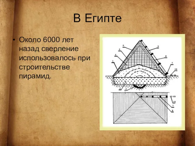 В Египте Около 6000 лет назад сверление использовалось при строительстве пирамид.