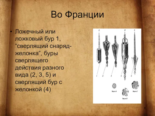 Во Франции Ложечный или ложковый бур 1, “сверлящий снаряд-желонка”, буры