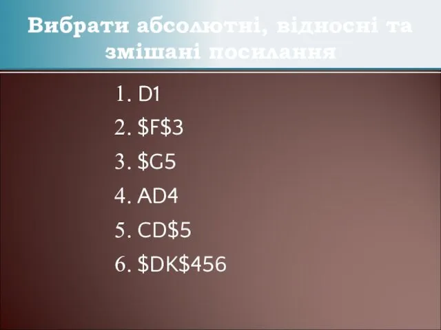 Вибрати абсолютні, відносні та змішані посилання D1 $F$3 $G5 AD4 CD$5 $DK$456