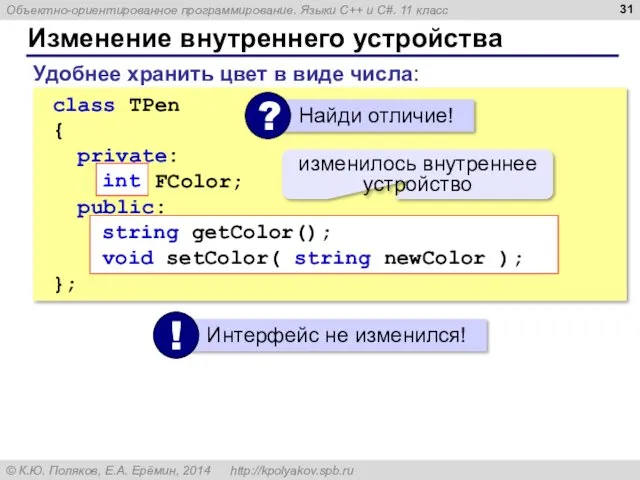 Изменение внутреннего устройства class TPen { private: int FColor; public: