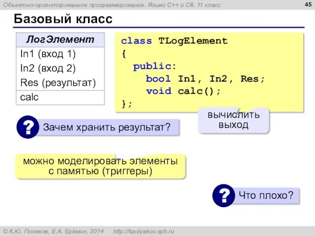 Базовый класс class TLogElement { public: bool In1, In2, Res;