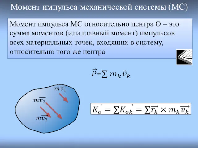 Момент импульса механической системы (МС) Момент импульса МС относительно центра